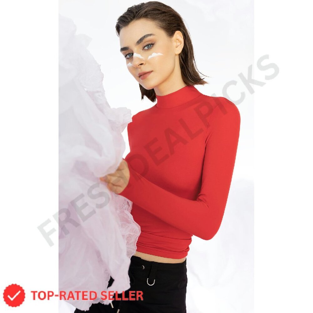 Mock Turtleneck Long Sleeve Tee Slim Fit Y2K Chic Minimal Basic Top - Picture 8 of 8